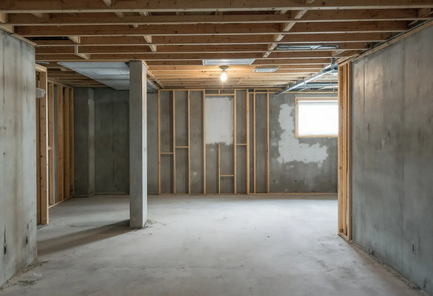 An unfinished basement with bare concrete walls, open joists and new stud framing
