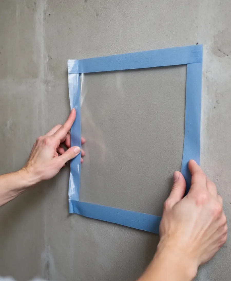 Hands taping a square of clear plastic to a concrete basement wall